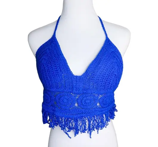 Sans Souci NWOT Blue Crochet Boho Festival Hippie Cropped Fringe Halter Top sz Small