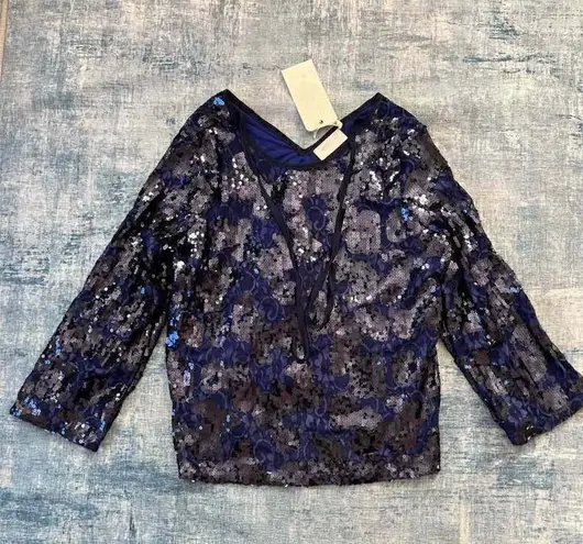 NWT! La Bellum Hillary Scott Indigo Sequin Lace Tie Neck Blouse 2x Purple