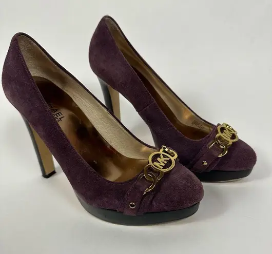 Michael Kors  Women’s Purple Suede Platform Dress Heels Pumps Gold MK Logo 6