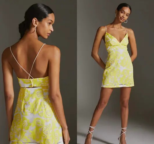 Anthropologie NWT $170  x Maeve Yellow Strappy Lace Mini Side Zip Dress 12