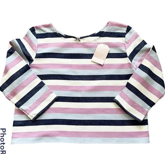 Tribe Alive NWT Striped Boxy Cut Cotton Round Neck Casual Pullover Top Pink Blue Size Large