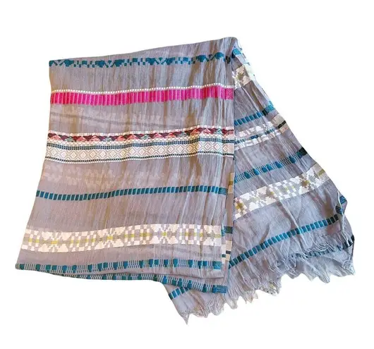 Rectangle Scarf Boho Embroidered Lightweight Gauze Gray Multicolor Trims Raw Hem