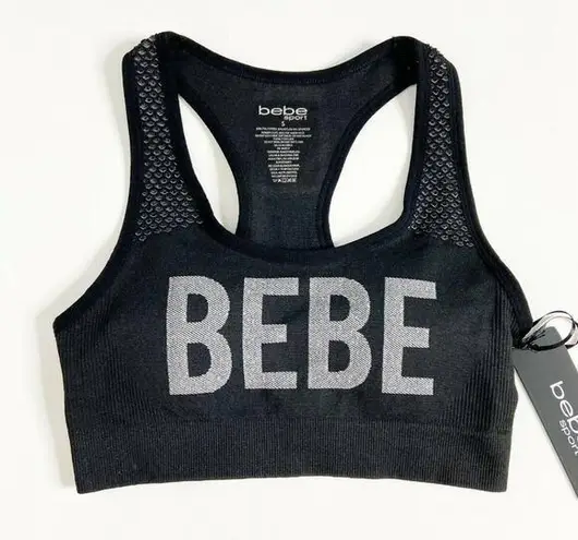 Bebe  Racerback Sports Bra Black Chest Logo Removable Pads Moisture Wick Size S