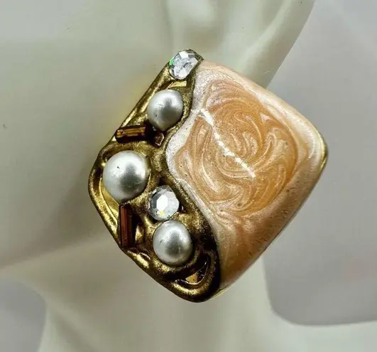 Square faux pearl rhinestone peach earrings Orange