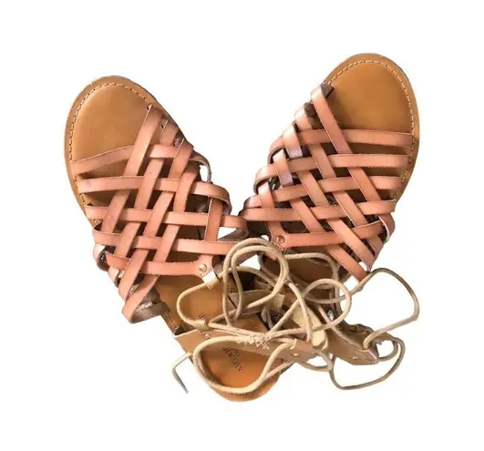 American Eagle Leather Lace Up Flat Sandal Sz. 9 Brown Festival Strappy Boho