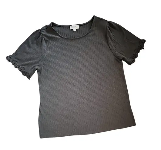 Loft Womens Gray Lace Ruffle Ribbed Casual Chic Top Size Large