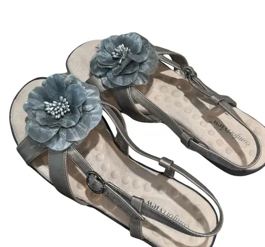 Comfortview Women's Silver Sandals with Floral Accent