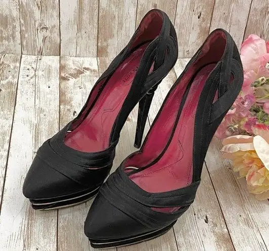 CESARE PACIOTTI Italy Black Satin Red Soles Platform Heels Stiletto Pumps 37.5 Size 6.5