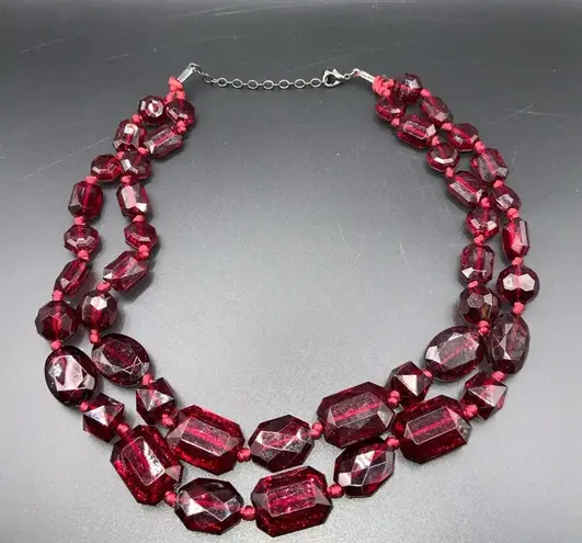 Cranberry red beaded 2 strand statement necklace 17”