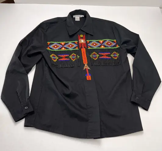 Lew Magram Womens Size 8 Black Retro Beaded Fringe Shirt Western Aztec Indian