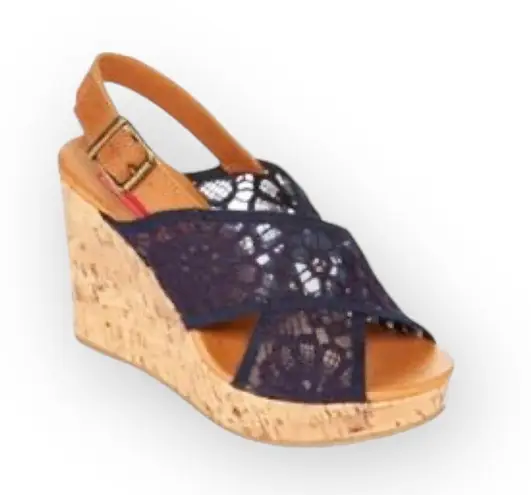Jellypop Peaches Lace Platform Slingback Wedge Heel Espadrille Sandal Navy 
