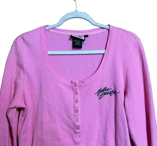 Harley Davidson Top Womens Large Pink Waffle Knit Tee Long Sleeve Cotton Blouse