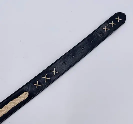 Vintage 80s 90s Milor Braided Stitch Leather Belt Black Ivory Size Medium Large