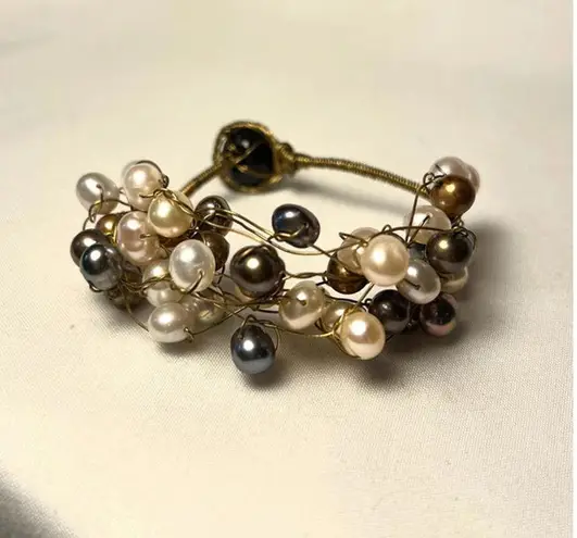 Freshwater Pearl Multicolor boho beachy Wire Wrap Cluster Woven Toggle Bracelet Gold
