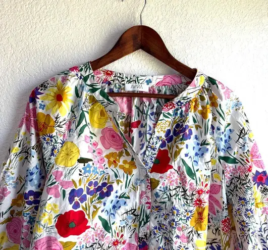 AVARA Womens Shirt Blouse White Multicolor Floral 3/4 Sleeve Size Large