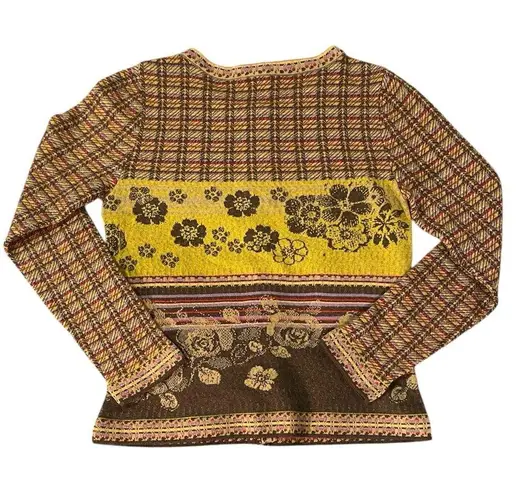Flavored Tartan wool cardigan Float floral brown lavender red orange yellow tan Size M