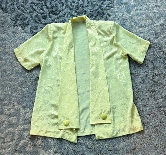 Vintage Satin Short Sleeve Cardigan Geometric Pattern Yellow Medium