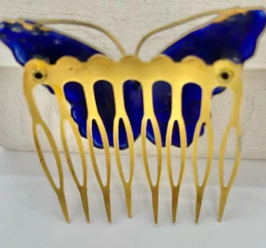 Vintage Enamel Butterfly Floral Hair Comb Gold Blue