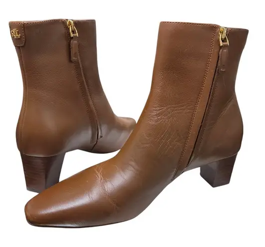Lauren Ralph Lauren Willa Brown Leather Bootie — Wood Heel Zip Ankle 9