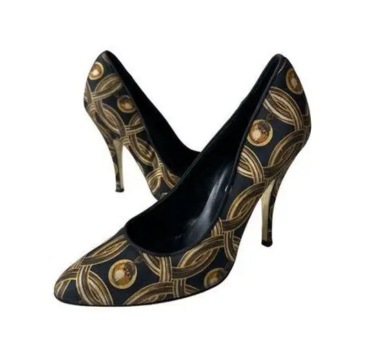 Moschino  Gold Chain Pendant Print Heels Sz 7