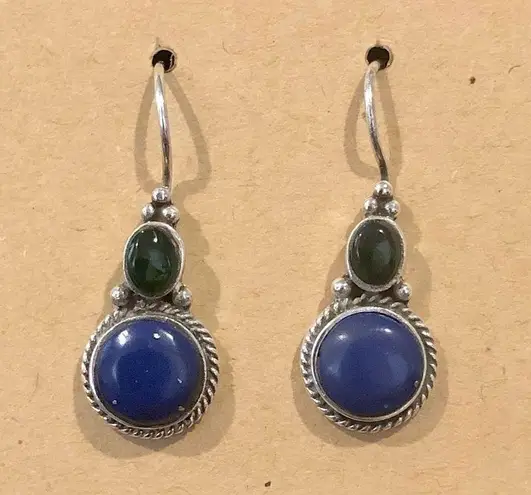 Sterling Silver Vintage Green Agate Blue Lapis Lazuli Drop Dangle Earrings