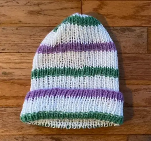white green purple hand knit ribbed fisherman style beanie