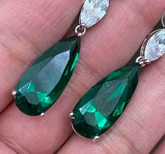 Signed Teardrop Lab Emerald Silvertone Drop Earrings
