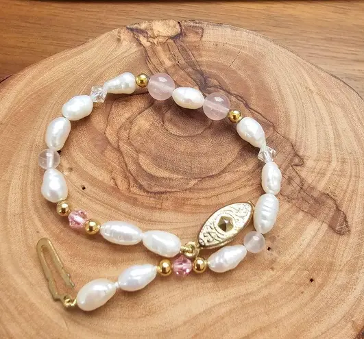 Freshwater Pearl Rose Quartz Gold color Bead Aurora Borealis AB Crystal Bracelet Pink
