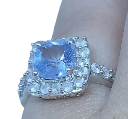 Aquamarine White Sapphire Halo Women's Engagement Ring in Sterling Silver Sz 6
