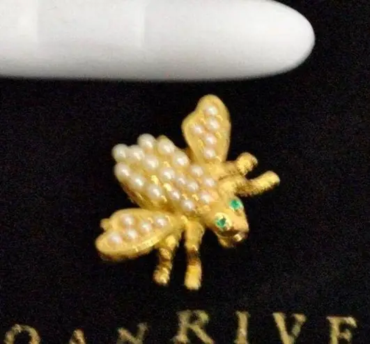 Joan Rivers Little Honey BEE PIN BROOCH Simulated Pearls Gold Plate Crystal Eyes