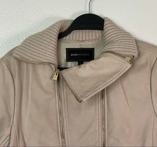 BCBGMAXAZRIA  Leather Double Zipper Jacket Cream/ Tan Size Large