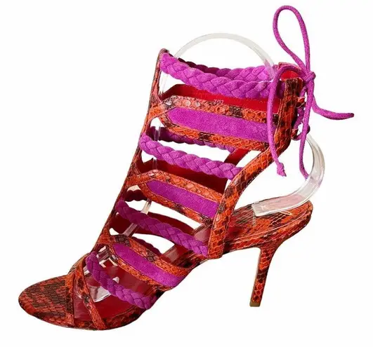 Brian Atwood  Felisa Sandals Mixed Media Strappy Braided Leather Orange Pink 7