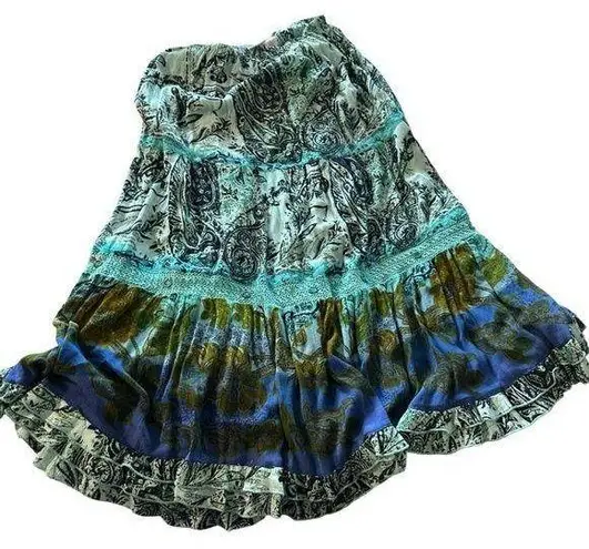 Elegant Paisley Midi Skirt in Blue and Green Size L