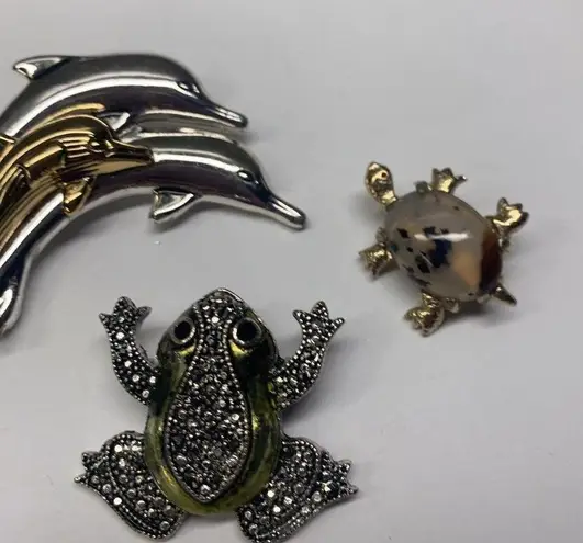 Lot Of 3 Animal Vintage Brooch Pins Frog, Turtle