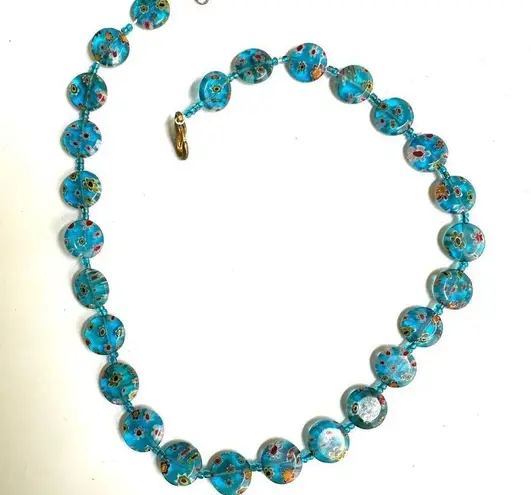 Millefiori blue floral glass beaded necklace