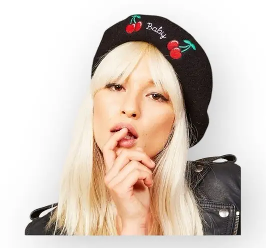 VHTF: Valfre ☻︎ Cherry Bomb Baby Embroidery Wool French Beret ☻︎ Black XS S M L