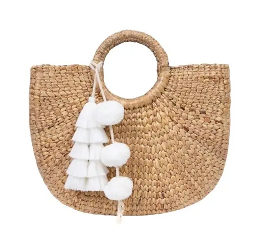 JADEtribe Aloha Woven Basket Bag with White Tassel and Pom Poms NWT Tan