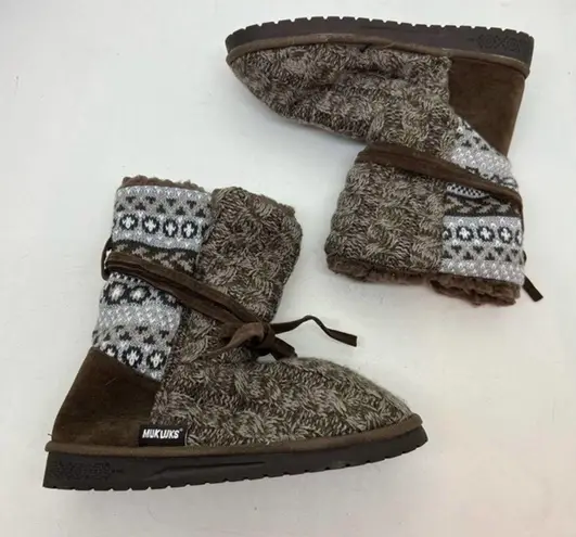MUK LUKS Medium Brown & Gray Clementine Boot faux fur lined fair isle Women sz 7