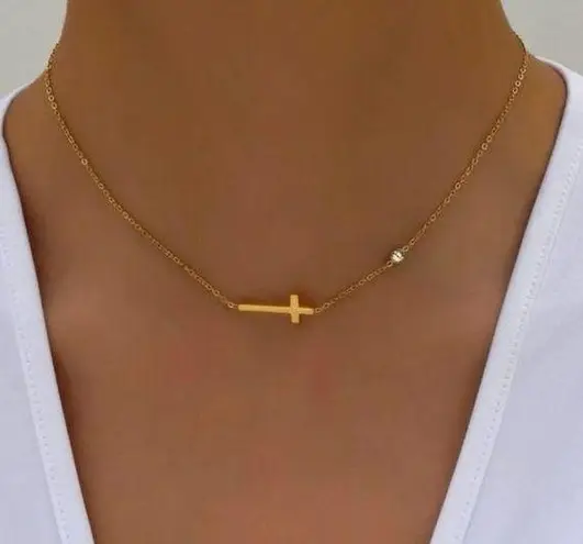 18K Gold Plated sideways cross necklace women Stainless Steel Jewelry Womens