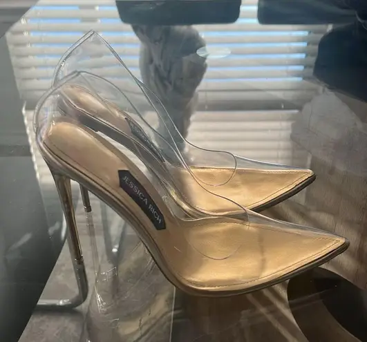 Jessica Rich Fancy Stiletto Clear Vinyl Pumps, Gold Size 39 New in Box + DustBag