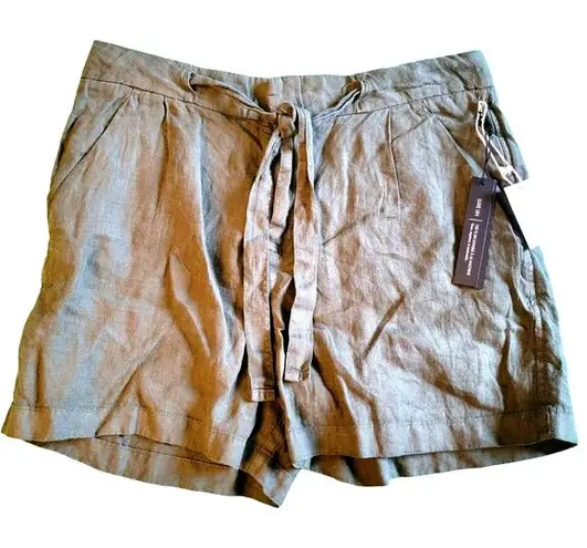 Tahari Olive Green Linen Tie Drawstring Waist High Rise Luxe Shorts Size Large