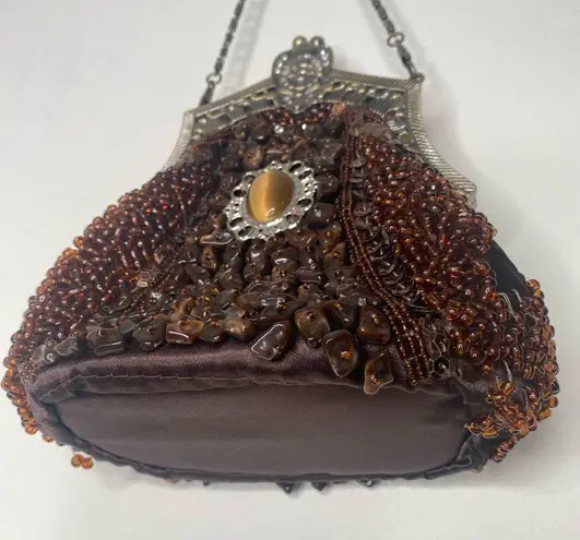 Vintage Ole Gift Art Deco Tiger Eye Stones Beaded Sequin Rhinestone Small Bag Brown