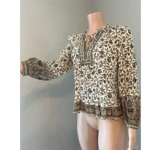 Shoshanna TAN FLORAL PAISLEY Printed Tie-Neck Puff Sleeve Blouse Top XS #158