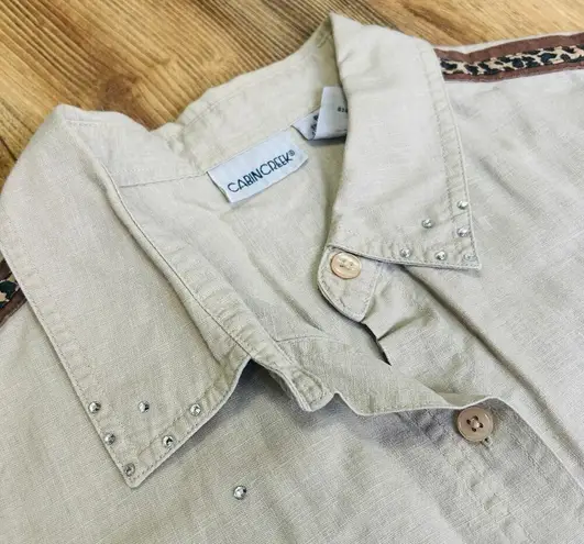 Cabin creek Vintage Safari Shirt Button Up Linen Blouse Animal Print Rhinestone