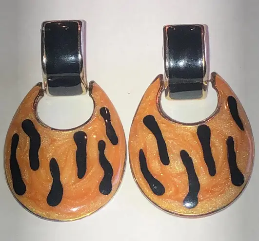 Vintage Orange and Black Enamel Retro Boho Door Knocker Hoop Earrings