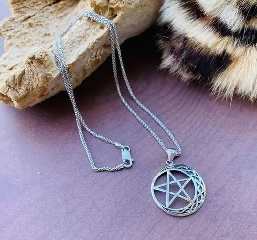 Crescent Celtic Moon And Star Sterling Silver Necklace Popcorn Chain