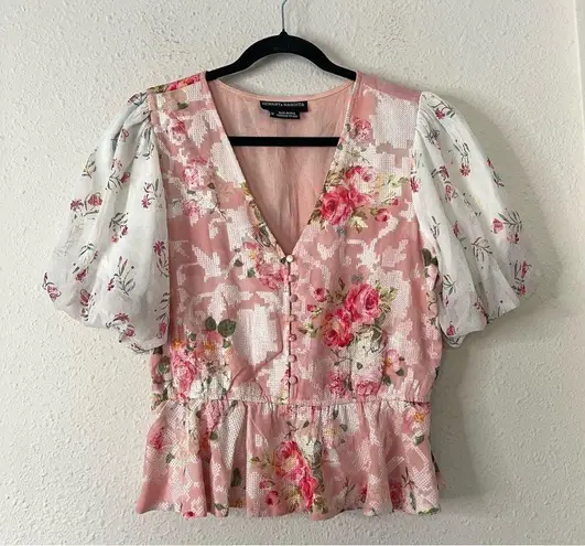 Hemant & Nandita Rose Garden Floral Boho Blouse Size Medium Peasant Pink