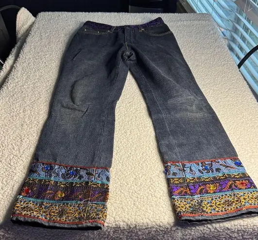 Embroidered Straight Leg Jeans with Colorful Cuffs Blue Size 28