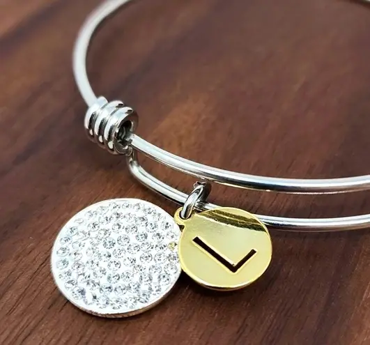 Unwritten  Pave & Initial Disc Bangle Bracelet Stainless Steel & Silver Plated