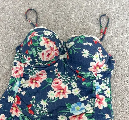 Rhythm. One piece swimsuit denim look floral strawberry cherry cup ruche ruching Blue Size XL